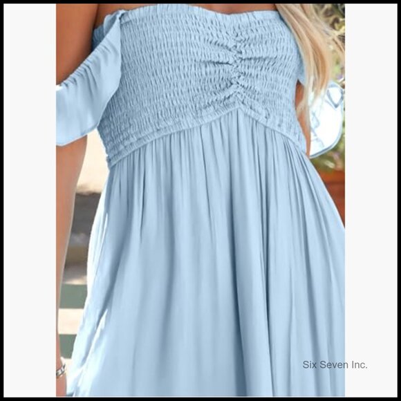 Polyester Smocked Off Shoulder Maxi Dress with Ruffle Sleeves and Side Slit - Picture 5 of 7